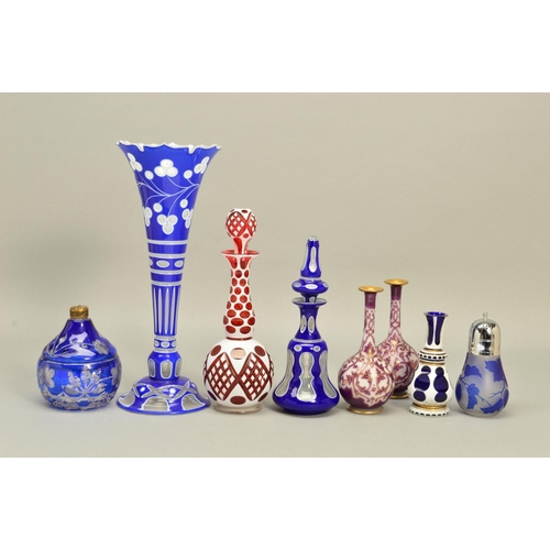 265 - A GROUP OF CONTINENTAL STYLE CAMEO GLASS, to include a trumpet shaped vase with berry decoration tow... 