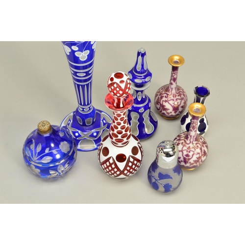 265 - A GROUP OF CONTINENTAL STYLE CAMEO GLASS, to include a trumpet shaped vase with berry decoration tow... 