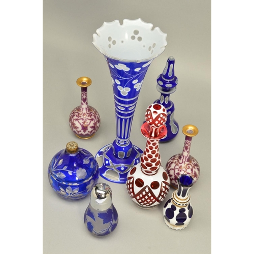 265 - A GROUP OF CONTINENTAL STYLE CAMEO GLASS, to include a trumpet shaped vase with berry decoration tow... 