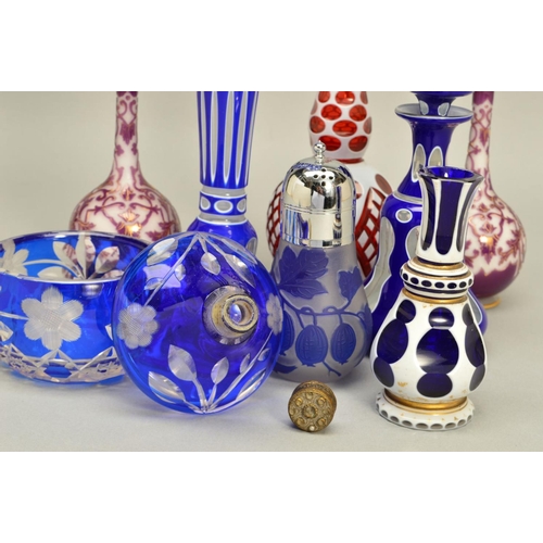 265 - A GROUP OF CONTINENTAL STYLE CAMEO GLASS, to include a trumpet shaped vase with berry decoration tow... 