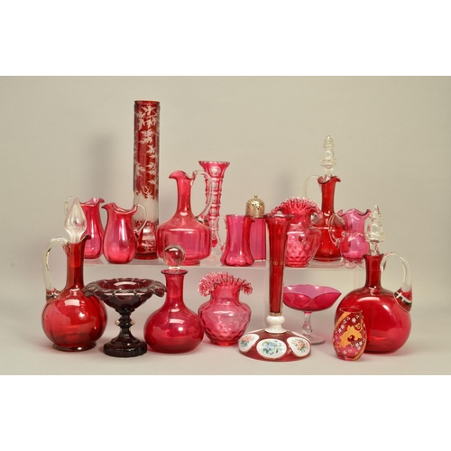 269 - A COLLECTION OF 19TH AND 20TH CENTURY CRANBERRY GLASS, to include decanters, jugs, vases, etc, toget... 