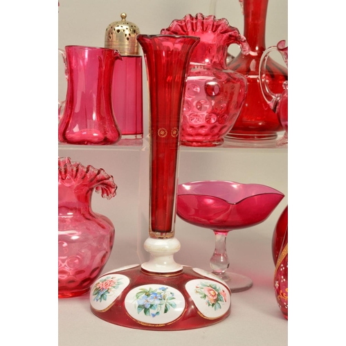 269 - A COLLECTION OF 19TH AND 20TH CENTURY CRANBERRY GLASS, to include decanters, jugs, vases, etc, toget... 