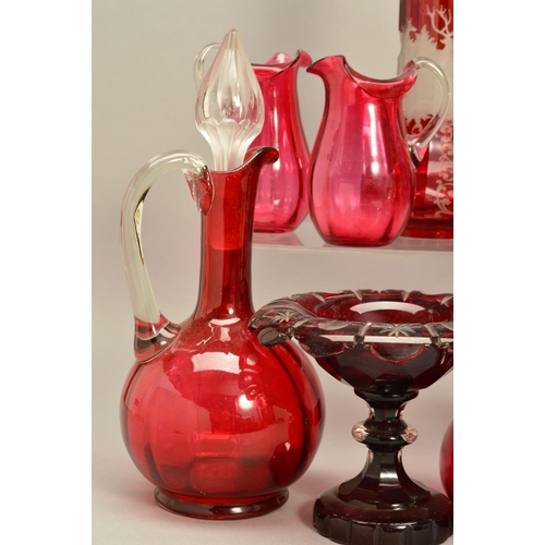 269 - A COLLECTION OF 19TH AND 20TH CENTURY CRANBERRY GLASS, to include decanters, jugs, vases, etc, toget... 