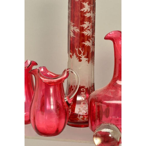 269 - A COLLECTION OF 19TH AND 20TH CENTURY CRANBERRY GLASS, to include decanters, jugs, vases, etc, toget... 