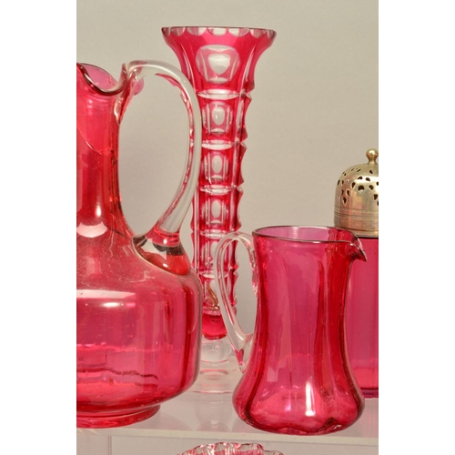 269 - A COLLECTION OF 19TH AND 20TH CENTURY CRANBERRY GLASS, to include decanters, jugs, vases, etc, toget... 