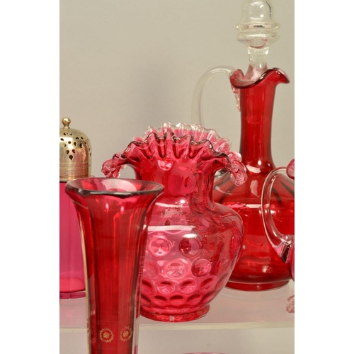 269 - A COLLECTION OF 19TH AND 20TH CENTURY CRANBERRY GLASS, to include decanters, jugs, vases, etc, toget... 