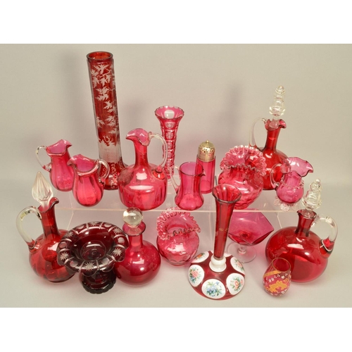 269 - A COLLECTION OF 19TH AND 20TH CENTURY CRANBERRY GLASS, to include decanters, jugs, vases, etc, toget... 