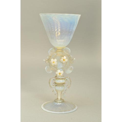 270 - A FACON DE VENISE STYLE GLASS GOBLET, having wrythen moulding to the bowl and foot, the stem having ... 