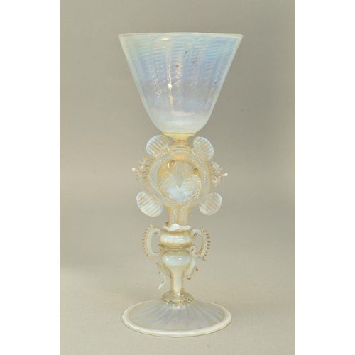 270 - A FACON DE VENISE STYLE GLASS GOBLET, having wrythen moulding to the bowl and foot, the stem having ... 