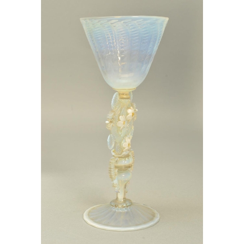 270 - A FACON DE VENISE STYLE GLASS GOBLET, having wrythen moulding to the bowl and foot, the stem having ... 