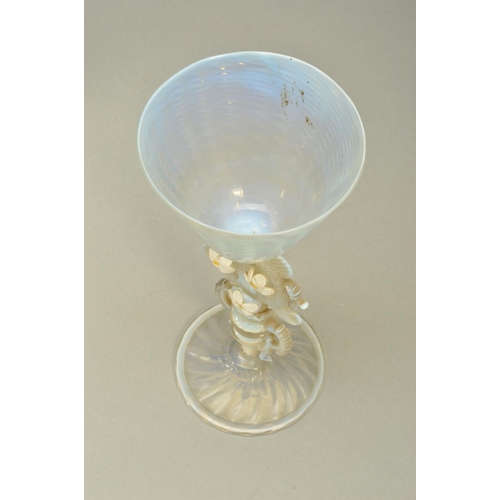 270 - A FACON DE VENISE STYLE GLASS GOBLET, having wrythen moulding to the bowl and foot, the stem having ... 