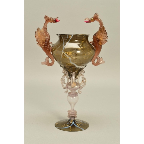 271 - AN ORNATE FACON DE VENISE STYLE GLASS GOBLET, the bowl having gold leaf and white whiplash decoratio... 