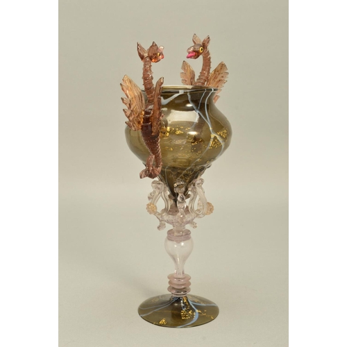 271 - AN ORNATE FACON DE VENISE STYLE GLASS GOBLET, the bowl having gold leaf and white whiplash decoratio... 