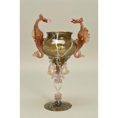 271 - AN ORNATE FACON DE VENISE STYLE GLASS GOBLET, the bowl having gold leaf and white whiplash decoratio... 