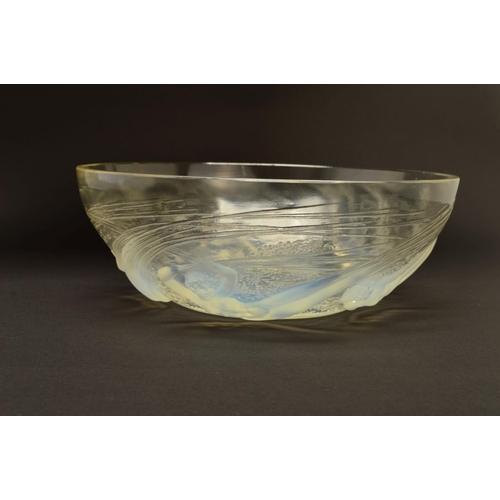 274 - RENE LALIQUE (1860-1945), a circular opalescent bowl in the Ondines pattern, the exterior has relief... 