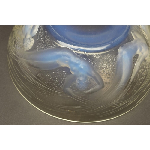 274 - RENE LALIQUE (1860-1945), a circular opalescent bowl in the Ondines pattern, the exterior has relief... 