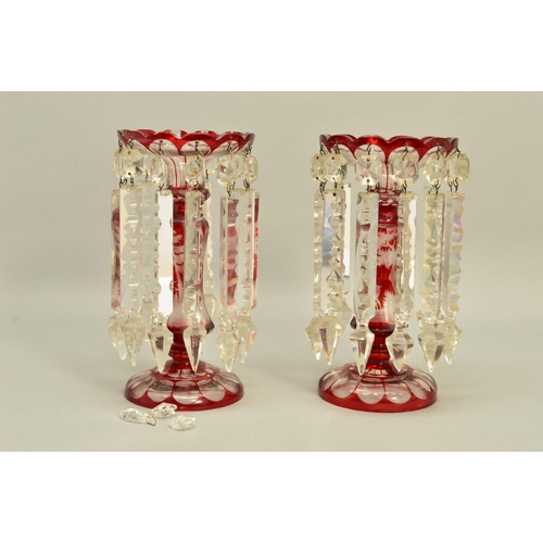 275 - A PAIR OF 19TH CENTURY BOHEMIAN FLASH CUT TABLE LUSTRES, the central columns decorated with stags an... 