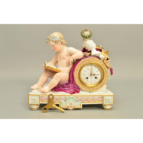 276 - A PORCELAIN MANTEL CLOCK, decorated with a putto reading a book, the clock face is by Howell James &... 