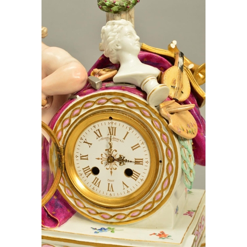 276 - A PORCELAIN MANTEL CLOCK, decorated with a putto reading a book, the clock face is by Howell James &... 