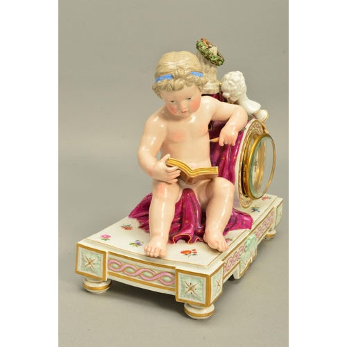 276 - A PORCELAIN MANTEL CLOCK, decorated with a putto reading a book, the clock face is by Howell James &... 