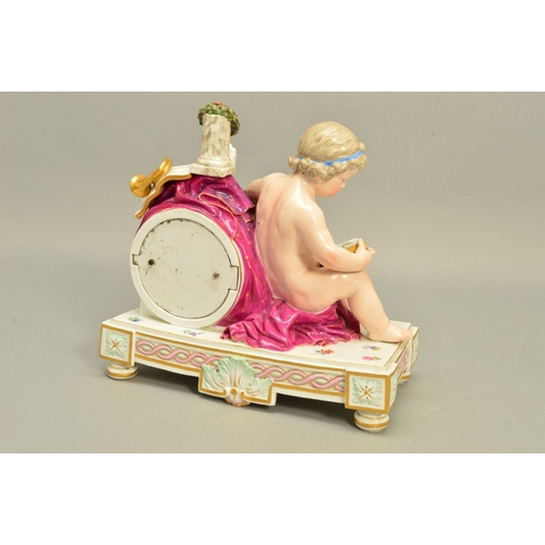 276 - A PORCELAIN MANTEL CLOCK, decorated with a putto reading a book, the clock face is by Howell James &... 