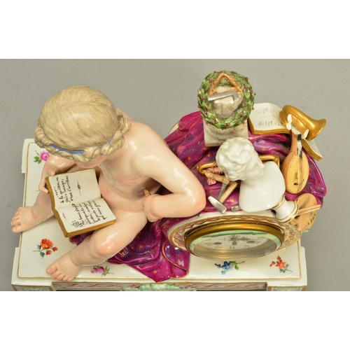 276 - A PORCELAIN MANTEL CLOCK, decorated with a putto reading a book, the clock face is by Howell James &... 