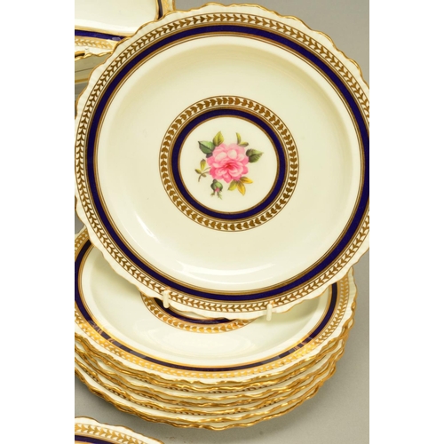 278 - A CAULDON CHINA PART DESSERT SERVICE, hand painted roses to the centres surrounded by bands of gilt ... 