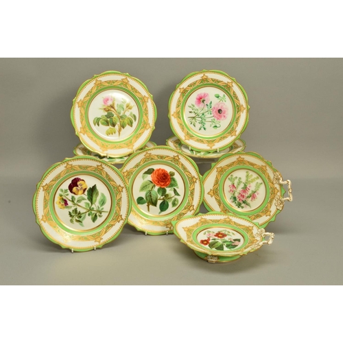 279 - A SAMUEL ALCOCK PORCELAIN PART DESSERT SERVICE, painted with named Botanical flowers within a green ... 