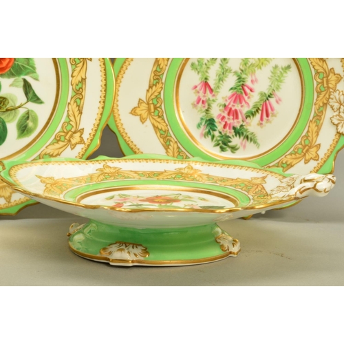 279 - A SAMUEL ALCOCK PORCELAIN PART DESSERT SERVICE, painted with named Botanical flowers within a green ... 