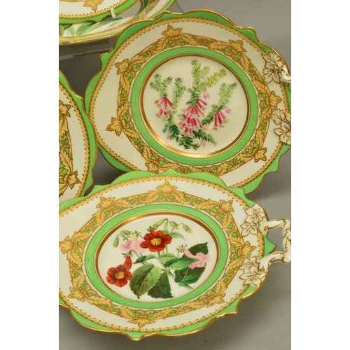 279 - A SAMUEL ALCOCK PORCELAIN PART DESSERT SERVICE, painted with named Botanical flowers within a green ... 