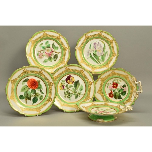 279 - A SAMUEL ALCOCK PORCELAIN PART DESSERT SERVICE, painted with named Botanical flowers within a green ... 