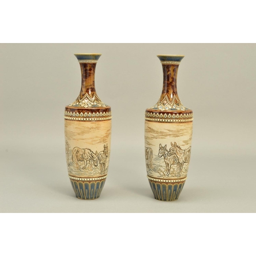 281 - A PAIR OF DOULTON LAMBETH STONEWARE HANNAH BARLOW BALUSTER VASES, the central band incised with a co... 