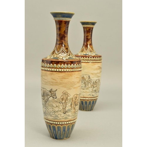 281 - A PAIR OF DOULTON LAMBETH STONEWARE HANNAH BARLOW BALUSTER VASES, the central band incised with a co... 