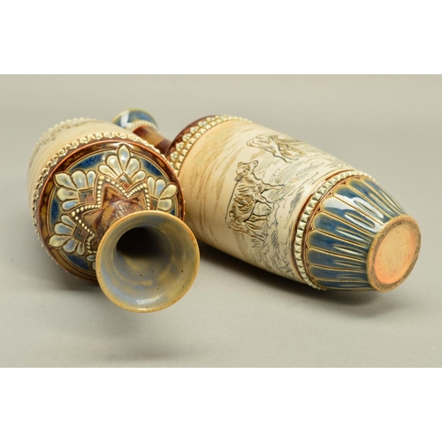 281 - A PAIR OF DOULTON LAMBETH STONEWARE HANNAH BARLOW BALUSTER VASES, the central band incised with a co... 