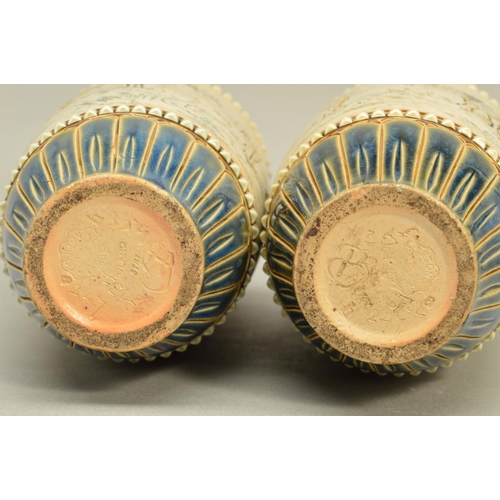 281 - A PAIR OF DOULTON LAMBETH STONEWARE HANNAH BARLOW BALUSTER VASES, the central band incised with a co... 