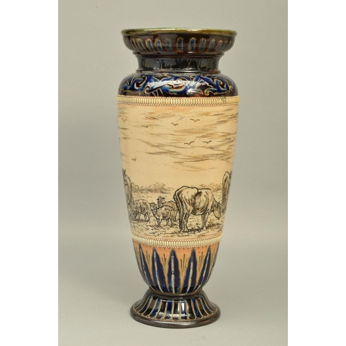 282 - A DOULTON LAMBETH STONEWARE HANNAH AND FLORENCE BARLOW BALUSTER VASE, the blue, green and brown glaz... 