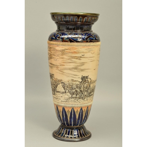 282 - A DOULTON LAMBETH STONEWARE HANNAH AND FLORENCE BARLOW BALUSTER VASE, the blue, green and brown glaz... 