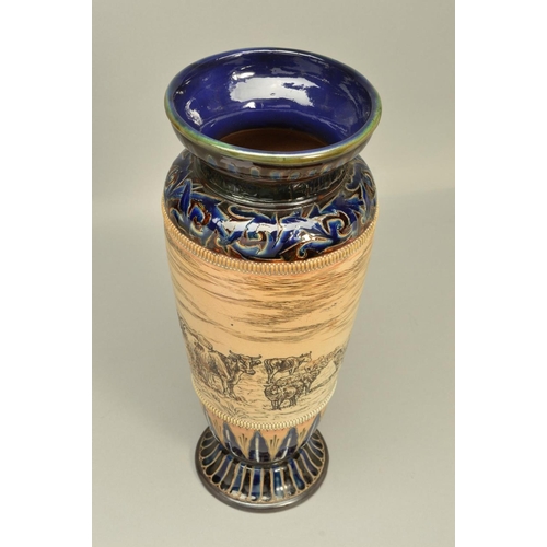 282 - A DOULTON LAMBETH STONEWARE HANNAH AND FLORENCE BARLOW BALUSTER VASE, the blue, green and brown glaz... 