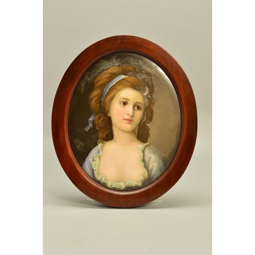 284 - A 19TH CENTURY OVAL PORCELAIN PLAQUE, possibly KPM, painted with a portrait of a late 18th Century l... 