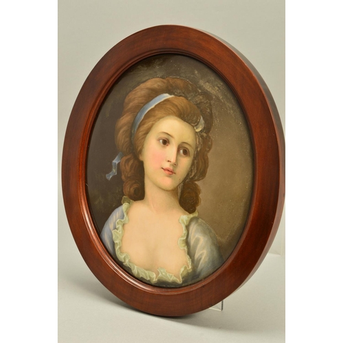 284 - A 19TH CENTURY OVAL PORCELAIN PLAQUE, possibly KPM, painted with a portrait of a late 18th Century l... 