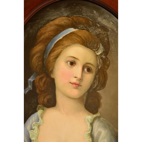 284 - A 19TH CENTURY OVAL PORCELAIN PLAQUE, possibly KPM, painted with a portrait of a late 18th Century l... 