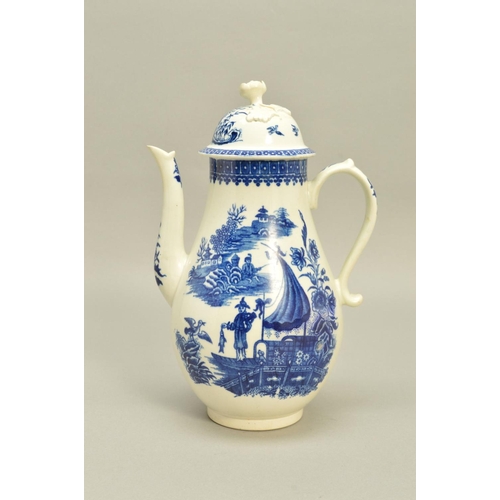 285 - A LATE 18TH CENTURY CAUGHLEY COFFEE POT AND COVER, transfer printed in blue with Fisherman and Cormo... 