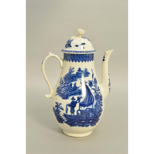 285 - A LATE 18TH CENTURY CAUGHLEY COFFEE POT AND COVER, transfer printed in blue with Fisherman and Cormo... 