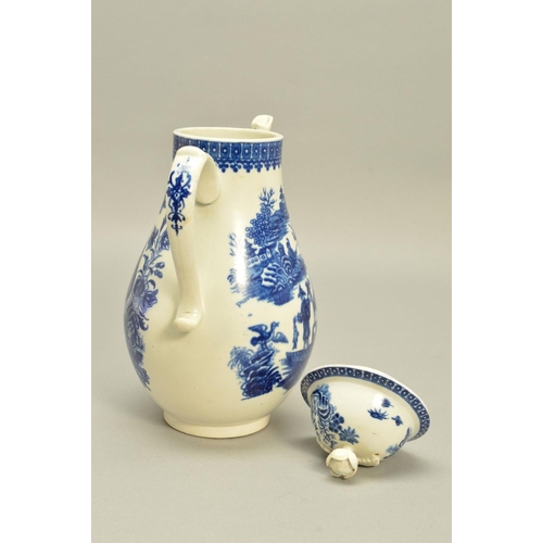 285 - A LATE 18TH CENTURY CAUGHLEY COFFEE POT AND COVER, transfer printed in blue with Fisherman and Cormo... 