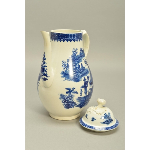 285 - A LATE 18TH CENTURY CAUGHLEY COFFEE POT AND COVER, transfer printed in blue with Fisherman and Cormo... 