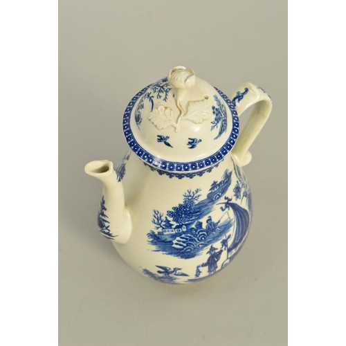 285 - A LATE 18TH CENTURY CAUGHLEY COFFEE POT AND COVER, transfer printed in blue with Fisherman and Cormo... 