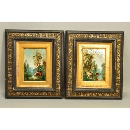 286 - A PAIR OF LATE 19TH CENTURY RECTANGULAR ENAMELLED PORCELAIN PLAQUES, each painted with cattle wateri... 