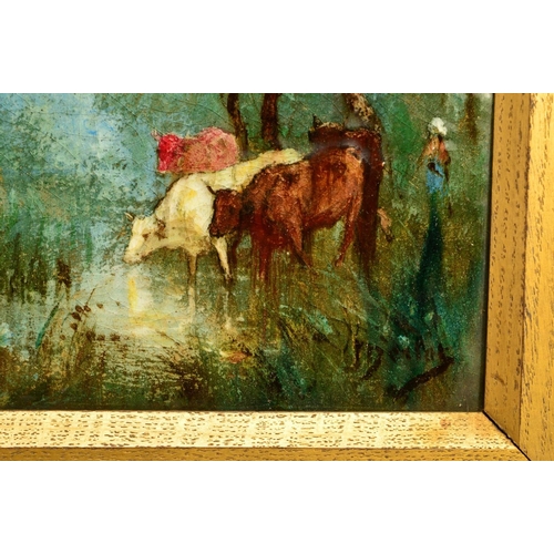 286 - A PAIR OF LATE 19TH CENTURY RECTANGULAR ENAMELLED PORCELAIN PLAQUES, each painted with cattle wateri... 