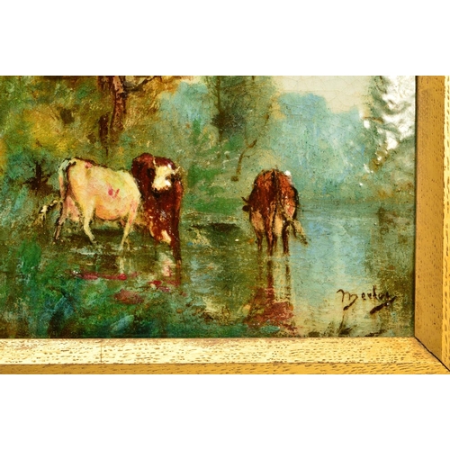 286 - A PAIR OF LATE 19TH CENTURY RECTANGULAR ENAMELLED PORCELAIN PLAQUES, each painted with cattle wateri... 