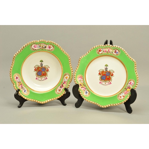 290 - A CHAMBERLAINS WORCESTER SOUP PLATE AND MATCHING DESSERT PLATE, gilt gadrooned rims, apple green bor... 